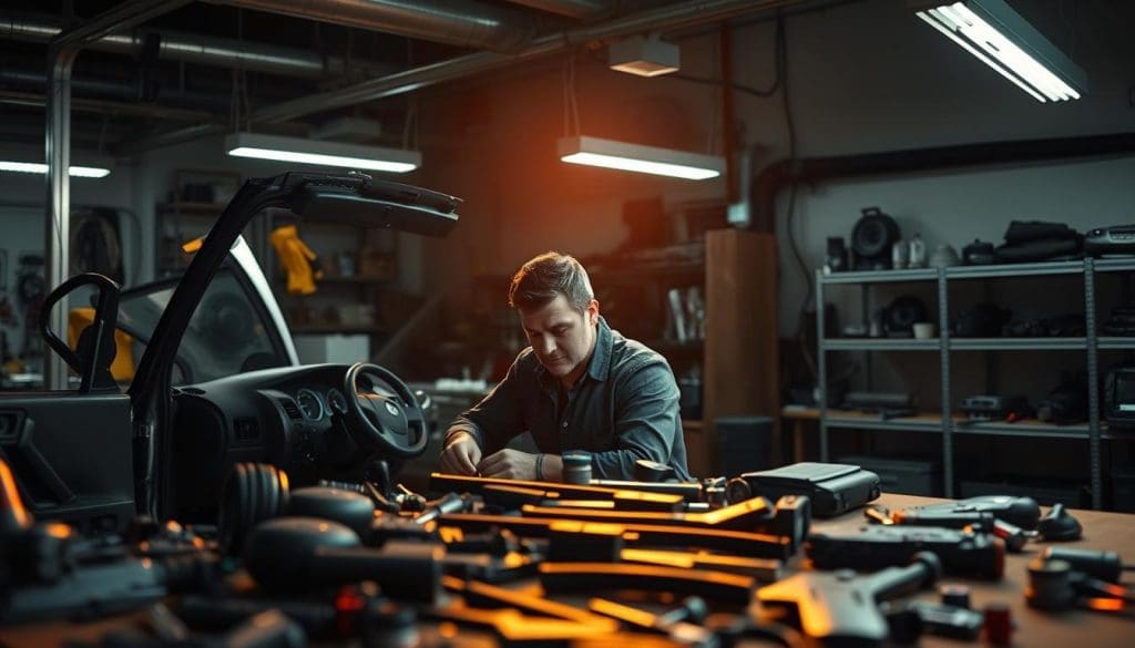 A well-lit auto repair shop, the focus on a skilled technician meticulously disassembling a vehicle's interior, surrounded by a cluttered yet organized workspace. Overhead, industrial lighting casts long shadows, creating a sense of depth and attention to detail. In the foreground, an array of tools and parts are neatly arranged, conveying a methodical approach to the repair process. The technician's expression is one of concentration, emphasizing the care and expertise required to restore the vehicle to its former condition. The background features shelves stocked with replacement components, hinting at the comprehensive capabilities of the certified auto body shop. A well-lit auto repair shop, the focus on a skilled technician meticulously disassembling a vehicle's interior, surrounded by a cluttered yet organized workspace. Overhead, industrial lighting casts long shadows, creating a sense of depth and attention to detail. In the foreground, an array of tools and parts are neatly arranged, conveying a methodical approach to the repair process. The technician's expression is one of concentration, emphasizing the care and expertise required to restore the vehicle to its former condition. The background features shelves stocked with replacement components, hinting at the comprehensive capabilities of the certified auto body shop.