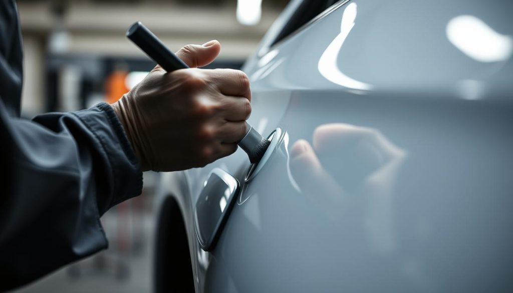 A well-lit auto repair shop with a focused close-up view of a professional technician meticulously applying and blending fresh paint onto a car's panel. The paint is perfectly matched to the vehicle's original color, seamlessly blending with the surrounding surfaces. Soft shadows and highlights accentuate the smooth, glossy finish. The technician's hands move with precision, demonstrating their expertise and care in the painting process. The overall scene conveys a sense of quality craftsmanship and attention to detail in collision repair. A well-lit auto repair shop with a focused close-up view of a professional technician meticulously applying and blending fresh paint onto a car's panel. The paint is perfectly matched to the vehicle's original color, seamlessly blending with the surrounding surfaces. Soft shadows and highlights accentuate the smooth, glossy finish. The technician's hands move with precision, demonstrating their expertise and care in the painting process. The overall scene conveys a sense of quality craftsmanship and attention to detail in collision repair.
