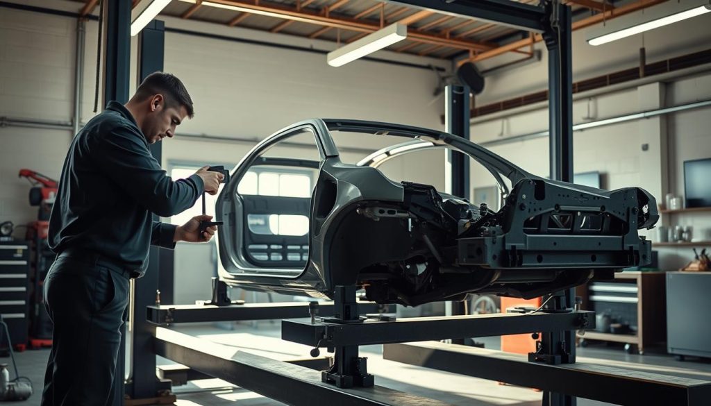 A well-lit auto repair workshop, with a car's frame positioned on a specialized alignment rack. The mechanic, in a clean uniform, meticulously examines the frame using precision tools, carefully measuring and adjusting the angles and dimensions to restore the vehicle's structural integrity. The workshop is filled with the hum of machinery and the scent of fresh paint, conveying a sense of professionalism and attention to detail. Soft, diffused lighting casts long shadows, highlighting the intricate process of frame straightening, a critical step in the repair of frame damage. The overall atmosphere is one of focused expertise and dedication to ensuring the vehicle's safety and performance.