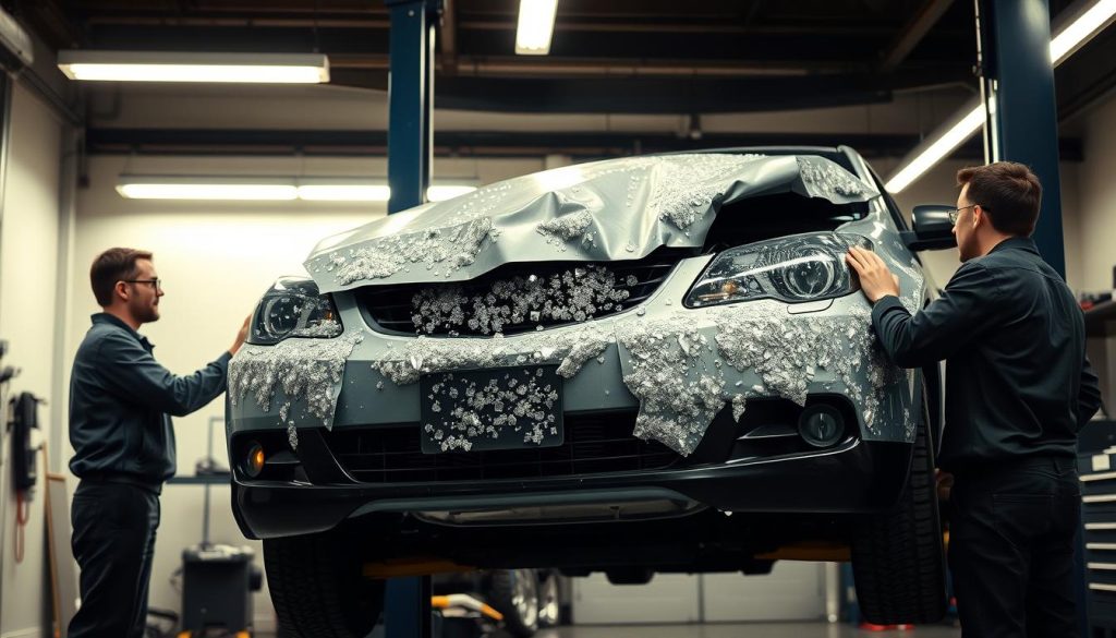 A well-lit automotive repair garage, with a car on a lift, the front end raised, exposing extensive hail damage on the hood, fenders, and bumper. A mechanic examines the dents, meticulously planning the restoration process. Bright overhead lighting casts a warm, focused glow, casting deep shadows that accentuate the damaged panels. The background is clean, organized, with tools and equipment neatly arranged, conveying a sense of professionalism and attention to detail essential for navigating the insurance claim and repair costs after a severe hailstorm.