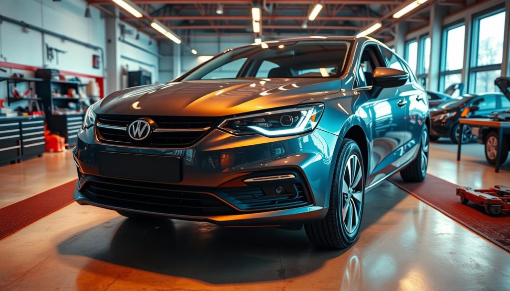 A well-lit, high-angle view of a modern vehicle awaiting pre-inspection in an insurance-approved auto body repair shop. The car is positioned centrally, the bodywork gleaming under warm overhead lighting. The foreground shows the car's front end, with the grill, headlights, and hood clearly visible. The middle ground depicts the car's side profile, with the doors, windows, and wheels in focus. The background reveals the repair shop's interior, with tools, workbenches, and other vehicles visible in the distance, conveying a sense of a professional, efficiency-focused environment. The overall mood is one of anticipation, as the vehicle is about to undergo a thorough inspection prior to the repair process.