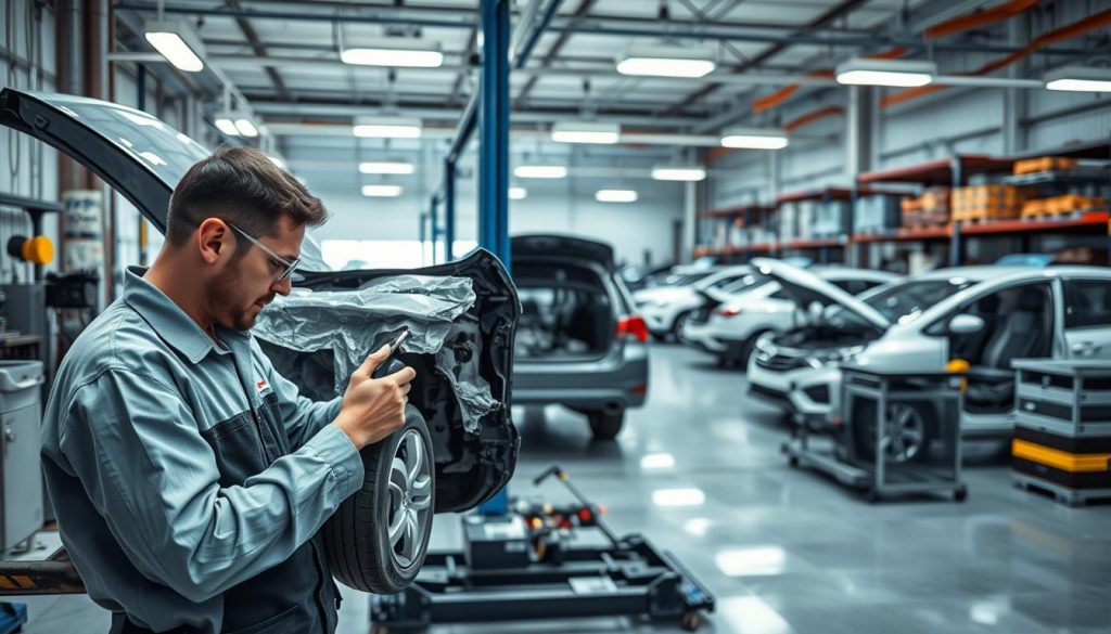 A well-lit, high-quality photograph of a modern, state-of-the-art auto body repair shop. The foreground features a skilled technician meticulously inspecting the damaged body panel of a vehicle on a repair stand, using specialized tools and equipment. In the middle ground, other vehicles in various stages of the collision repair process are visible, with technicians carefully working on them. The background showcases the clean, organized workshop layout, including organized storage of replacement parts and advanced diagnostic equipment. The overall scene conveys a sense of professionalism, attention to detail, and commitment to providing high-quality collision repair services.