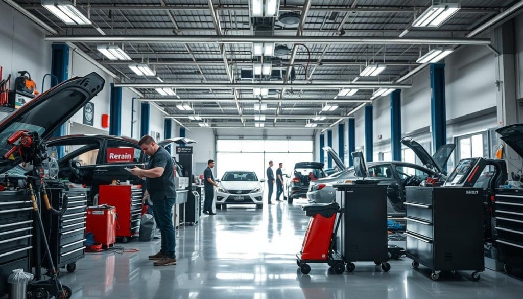A well-lit, high-resolution image of a modern auto body shop interior, showcasing a diverse range of professional services. The foreground features a skilled technician working on a car, with various tools and equipment neatly organized around the workspace. The middle ground depicts a clean and organized service counter, where customers can discuss their repair needs with friendly staff. In the background, a spacious, well-lit service bay reveals other mechanics efficiently completing a variety of repairs, from dent removal to paint refinishing. The overall atmosphere exudes a sense of professionalism, attention to detail, and a commitment to providing top-quality automotive services. A well-lit, high-resolution image of a modern auto body shop interior, showcasing a diverse range of professional services. The foreground features a skilled technician working on a car, with various tools and equipment neatly organized around the workspace. The middle ground depicts a clean and organized service counter, where customers can discuss their repair needs with friendly staff. In the background, a spacious, well-lit service bay reveals other mechanics efficiently completing a variety of repairs, from dent removal to paint refinishing. The overall atmosphere exudes a sense of professionalism, attention to detail, and a commitment to providing top-quality automotive services.