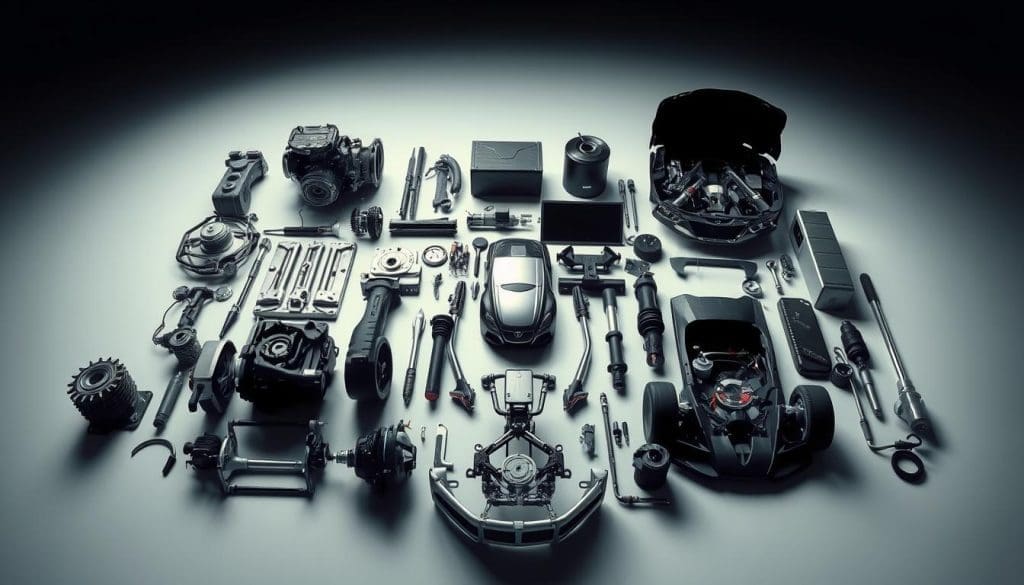 A well-lit, high-resolution photograph of a collection of genuine car parts and components, neatly arranged on a clean, reflective surface. The parts should include a mix of engine components, suspension elements, and body panels, all showcasing their pristine, factory-fresh condition. The lighting should be soft and diffused, creating a sense of depth and highlighting the intricate details of each part. The camera angle should be slightly elevated, providing a birds-eye view that allows the viewer to appreciate the overall composition and the precision of the arrangement. The background should be a simple, neutral tone that does not distract from the main subject, creating a minimalist and professional aesthetic.