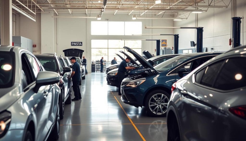 A well-lit, modern auto repair shop with two locations in San Antonio, Texas. The foreground features a row of sleek, shiny vehicles in various stages of repair, with mechanics in uniform working diligently. The middle ground showcases the clean, well-organized service bays and state-of-the-art equipment. In the background, large windows provide natural light, highlighting the professional, high-quality aesthetic of the facility. The overall atmosphere conveys a sense of efficiency, reliability, and customer-focused service, ideal for a reputable paint and body shop serving the San Antonio community.