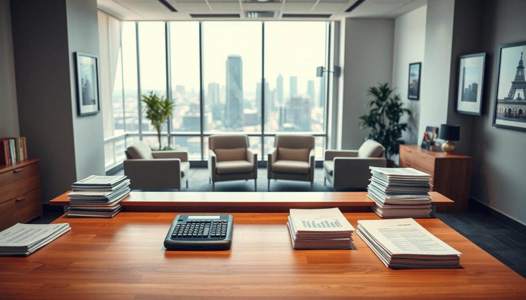 A well-lit, modern office interior with a spacious reception area. In the foreground, a warm-toned wooden desk with a laptop, calculator, and neat stacks of documents. Behind it, a large window overlooking a cityscape, allowing natural light to flood the space. On the walls, framed certificates and artwork create a professional, yet inviting atmosphere. In the middle ground, two comfortable chairs face the desk, suggesting a collaborative financial consultation. The overall mood is one of efficiency, trust, and a streamlined customer experience.
