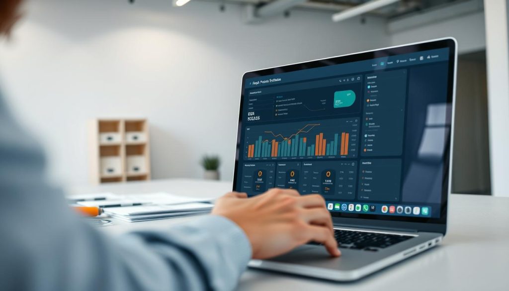 A well-lit office scene, with a laptop screen prominently displaying a detailed repair process status dashboard. In the foreground, a person's hands gesticulate while reviewing the information, their face obscured but their focused expression conveying diligence. The middle ground features an organized desk with various documents and tools, hinting at the meticulous tracking of the repair progress. The background showcases a modern, minimalist workspace, with clean lines and neutral tones that create a professional, calm atmosphere. Soft, diffused lighting illuminates the scene, emphasizing the clarity and precision of the repair process monitoring. A well-lit office scene, with a laptop screen prominently displaying a detailed repair process status dashboard. In the foreground, a person's hands gesticulate while reviewing the information, their face obscured but their focused expression conveying diligence. The middle ground features an organized desk with various documents and tools, hinting at the meticulous tracking of the repair progress. The background showcases a modern, minimalist workspace, with clean lines and neutral tones that create a professional, calm atmosphere. Soft, diffused lighting illuminates the scene, emphasizing the clarity and precision of the repair process monitoring.