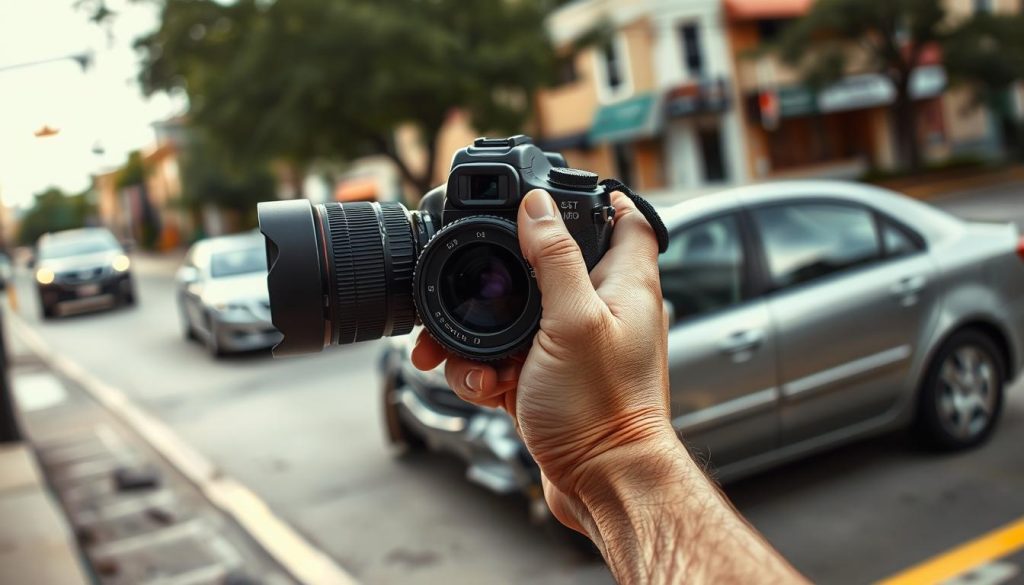 A well-lit scene of a person's hands holding a professional DSLR camera, with a damaged car in the middle-ground and the surrounding urban environment of San Antonio in the background. The camera is pointed at the car, capturing its dents, scratches, and any other visible damage. The lighting is natural, perhaps with soft shadows, creating a sense of documentation and evidence gathering. The overall mood is one of diligence and attention to detail, reflecting the need to thoroughly document the scene after a car accident. A well-lit scene of a person's hands holding a professional DSLR camera, with a damaged car in the middle-ground and the surrounding urban environment of San Antonio in the background. The camera is pointed at the car, capturing its dents, scratches, and any other visible damage. The lighting is natural, perhaps with soft shadows, creating a sense of documentation and evidence gathering. The overall mood is one of diligence and attention to detail, reflecting the need to thoroughly document the scene after a car accident.
