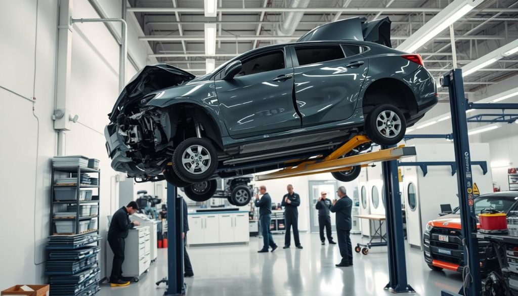 A well-lit, spacious San Antonio collision repair center, with modern equipment and skilled technicians working diligently to restore a damaged vehicle. In the foreground, a car on a lift, its panels and frame being carefully inspected and repaired. Shelves of replacement parts line the walls, while the middle ground showcases a team of professionals wielding specialized tools, meticulously addressing each aspect of the repair process. The background features an organized workspace, with state-of-the-art paint booths and a clean, organized layout that conveys a sense of professionalism and attention to detail. A well-lit, spacious San Antonio collision repair center, with modern equipment and skilled technicians working diligently to restore a damaged vehicle. In the foreground, a car on a lift, its panels and frame being carefully inspected and repaired. Shelves of replacement parts line the walls, while the middle ground showcases a team of professionals wielding specialized tools, meticulously addressing each aspect of the repair process. The background features an organized workspace, with state-of-the-art paint booths and a clean, organized layout that conveys a sense of professionalism and attention to detail.