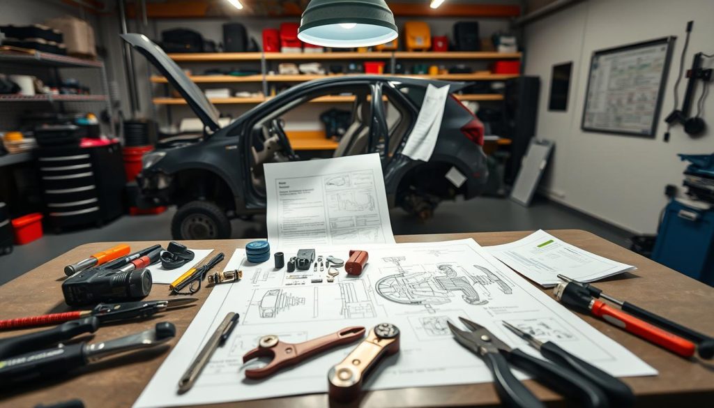 A well-organized repair planning setup for a vehicle, with a detailed schematic of the vehicle's components laid out on a workbench. The scene is brightly lit from an overhead studio light, creating clean shadows and highlighting the intricate details. In the foreground, a set of tools and parts are neatly arranged, ready for the upcoming repair work. The middle ground features the vehicle's schematics, blueprints, and repair manuals, all meticulously laid out, indicating a thorough planning process. The background showcases a clean, organized workshop environment, with shelves of spare parts and diagnostic equipment, conveying a sense of professionalism and preparedness.
