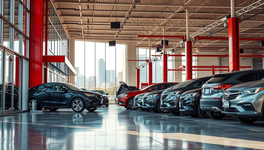 An expansive, modern collision repair center nestled in the heart of San Antonio. The sleek, well-lit facade features floor-to-ceiling glass panels, inviting passersby to glimpse the state-of-the-art equipment and skilled technicians at work. The spacious, airy interior is dotted with glossy red and silver accents, conveying a sense of precision and care. In the foreground, a row of neatly parked vehicles awaits expert attention, their reflections dancing on the polished concrete floor. The background reveals the bustling San Antonio skyline, a testament to the city's thriving automotive landscape. Bathed in warm, natural light, the scene exudes an atmosphere of professionalism, efficiency, and a commitment to exceptional customer service.