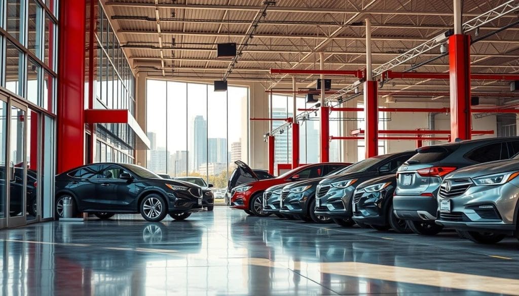 An expansive, modern collision repair center nestled in the heart of San Antonio. The sleek, well-lit facade features floor-to-ceiling glass panels, inviting passersby to glimpse the state-of-the-art equipment and skilled technicians at work. The spacious, airy interior is dotted with glossy red and silver accents, conveying a sense of precision and care. In the foreground, a row of neatly parked vehicles awaits expert attention, their reflections dancing on the polished concrete floor. The background reveals the bustling San Antonio skyline, a testament to the city's thriving automotive landscape. Bathed in warm, natural light, the scene exudes an atmosphere of professionalism, efficiency, and a commitment to exceptional customer service.