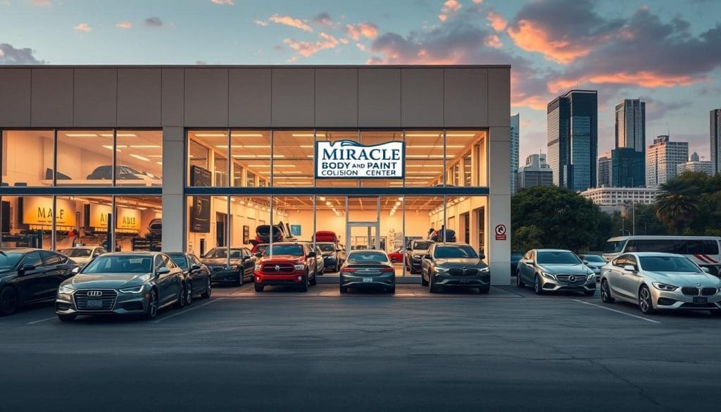 An exterior view of a modern auto repair shop in San Antonio, Texas. The facade features large, floor-to-ceiling windows showcasing the state-of-the-art equipment and skilled technicians at work. The building has a clean, streamlined design with a mix of neutral tones and accents of the company's signature color. In the foreground, the parking lot is neatly organized, with several well-maintained customer vehicles awaiting service. The middle ground showcases the main entrance, where a prominent sign displays the Miracle Body and Paint Collision Center logo. The background depicts the vibrant cityscape of San Antonio, with towering skyscrapers and lush greenery creating a dynamic, urban setting. The scene is illuminated by warm, natural lighting, conveying a sense of professionalism, expertise, and customer-centric service.