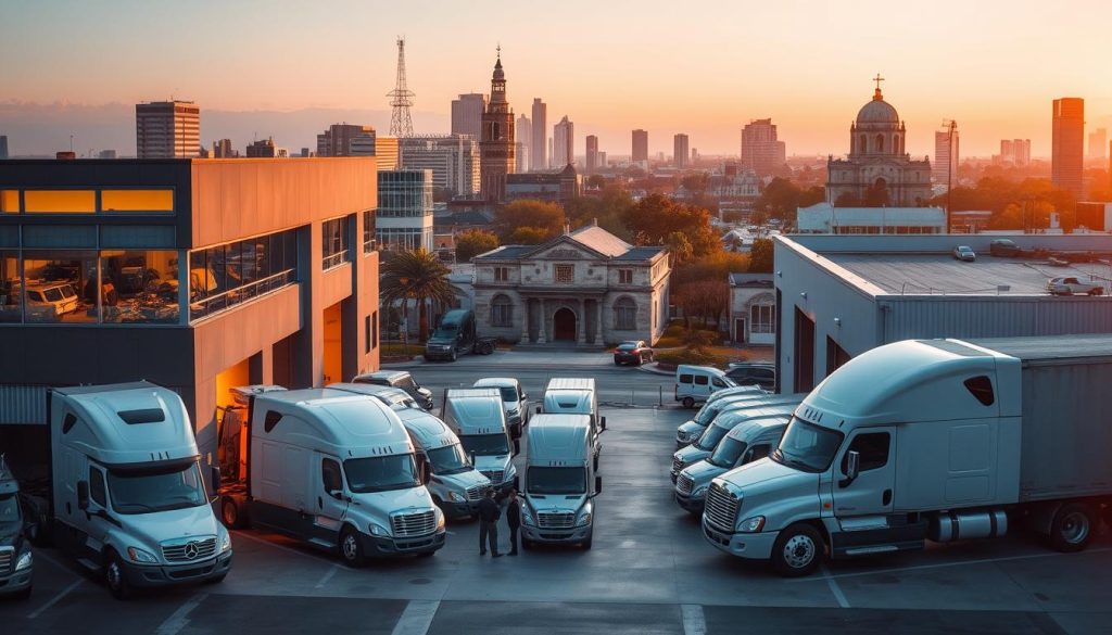 Two modern, state-of-the-art auto repair facilities in San Antonio, Texas, set against a backdrop of the city's vibrant skyline. In the foreground, a fleet of well-maintained commercial vehicles are being serviced by a team of skilled technicians. The facilities are bathed in warm, natural lighting, creating a welcoming atmosphere. In the middle ground, the buildings feature sleek, contemporary architecture with large windows, showcasing the professionalism and attention to detail of the operations. The background is filled with the iconic landmarks of San Antonio, including the Tower of the Americas and the historic Mission San José, reflecting the rich cultural heritage of the city. The overall scene conveys a sense of efficiency, reliability, and commitment to serving the needs of local businesses with their fleet collision repair requirements. Two modern, state-of-the-art auto repair facilities in San Antonio, Texas, set against a backdrop of the city's vibrant skyline. In the foreground, a fleet of well-maintained commercial vehicles are being serviced by a team of skilled technicians. The facilities are bathed in warm, natural lighting, creating a welcoming atmosphere. In the middle ground, the buildings feature sleek, contemporary architecture with large windows, showcasing the professionalism and attention to detail of the operations. The background is filled with the iconic landmarks of San Antonio, including the Tower of the Americas and the historic Mission San José, reflecting the rich cultural heritage of the city. The overall scene conveys a sense of efficiency, reliability, and commitment to serving the needs of local businesses with their fleet collision repair requirements.