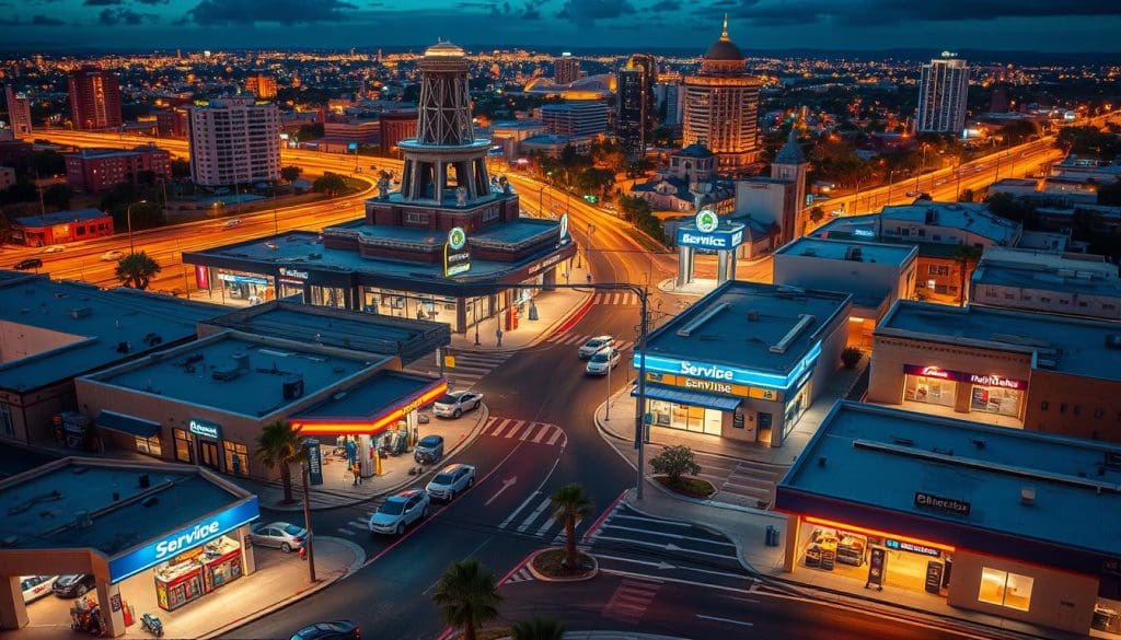 a detailed, photorealistic cityscape of San Antonio, Texas, featuring the city's service areas and infrastructure. The image should showcase the city's main thoroughfares, intersections, and various service stations, repair shops, and other related businesses that cater to the local community. The scene should be well-lit, with a mix of natural and artificial lighting, creating a warm, inviting atmosphere. The composition should balance the urban elements with a sense of depth and scale, allowing the viewer to easily navigate the scene and understand the accessibility of the service areas. The image should convey a sense of efficiency, professionalism, and reliability, reflecting the subject of the article on Paintless Dent Repair.