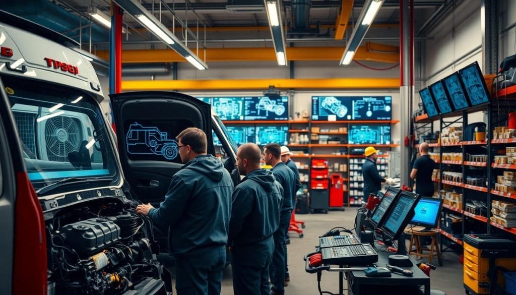A bustling auto repair shop, filled with the sounds of clanking tools and the scent of fresh oil. In the foreground, a team of skilled mechanics diligently inspecting a fleet vehicle, their faces focused as they meticulously check every component. The middle ground showcases an array of diagnostic equipment, digital screens displaying intricate schematics and diagnostic data. In the background, a well-organized parts and supply area, shelves stocked with an impressive inventory of replacement parts, ready to keep the vehicles on the road. Bright, even lighting casts a warm, professional glow over the scene, capturing the essence of proactive, coordinated fleet maintenance that ensures vehicles are always road-ready.