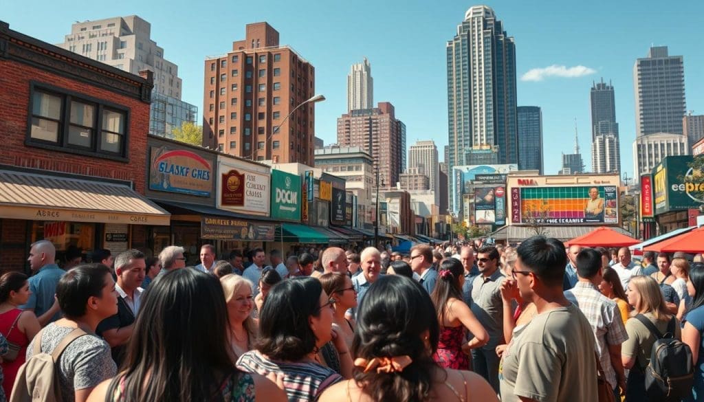 A bustling urban setting, with a diverse community gathered in a vibrant public space. In the foreground, a group of people of all ages and backgrounds engage in lively conversation, gesturing animatedly. The middle ground features a mix of local businesses, their storefronts adorned with colorful signs and awnings, creating a sense of economic vitality. In the background, towering buildings and a clear blue sky suggest a thriving metropolitan area. The lighting is warm and inviting, casting a soft glow over the scene and conveying a mood of inclusive community spirit and civic pride. A wide-angle lens captures the energy and interconnectedness of this vibrant urban landscape.