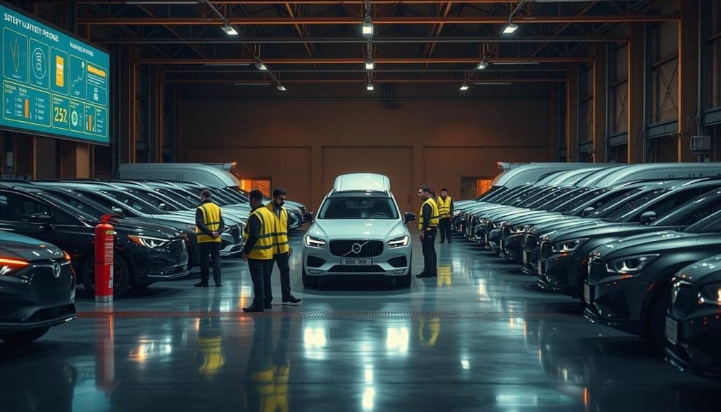 A fleet of sleek, modern vehicles parked in a well-lit, spacious garage. The scene is illuminated by warm, diffused lighting, casting soft shadows and highlighting the contours of the vehicles. In the foreground, a group of employees in high-visibility safety vests are inspecting the vehicles, while in the background, a digital display showcases safety protocols and performance metrics. The middle ground features an array of safety equipment, including reflective signage, fire extinguishers, and first-aid kits, creating a comprehensive and organized safety program. The overall atmosphere conveys a sense of professionalism, attention to detail, and a strong commitment to fleet safety.