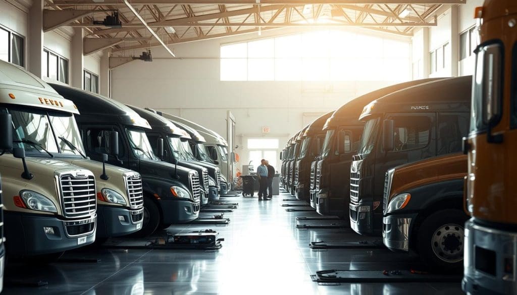 A fleet of trucks parked in a well-lit repair shop, their engines silent, awaiting maintenance. The floor is clean and organized, with tools and parts neatly arranged. Bright overhead lighting casts a warm, inviting glow, while large windows allow natural light to filter in, creating a sense of openness and calm. In the background, mechanics can be seen tending to the vehicles, their concentration evident as they work to restore the fleet to full operational capacity. The atmosphere conveys a sense of efficient, reliable service, reflecting the partnership between the local business and the fleet repair specialists.