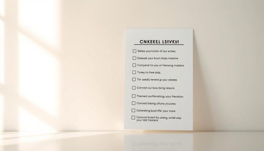A neatly organized checklist with crisp, clean typography floats against a soft, minimalist background. The checklist items are presented in a straightforward, no-frills manner, emphasizing clarity and utility. The overall aesthetic is professional and refined, conveying a sense of efficiency and practicality. Warm, natural lighting casts a subtle glow, creating a welcoming and approachable atmosphere. The composition is balanced, with ample white space to allow the checklist to stand out as the focal point. This image would serve as a helpful visual guide to quickly review important considerations when choosing an auto body shop.