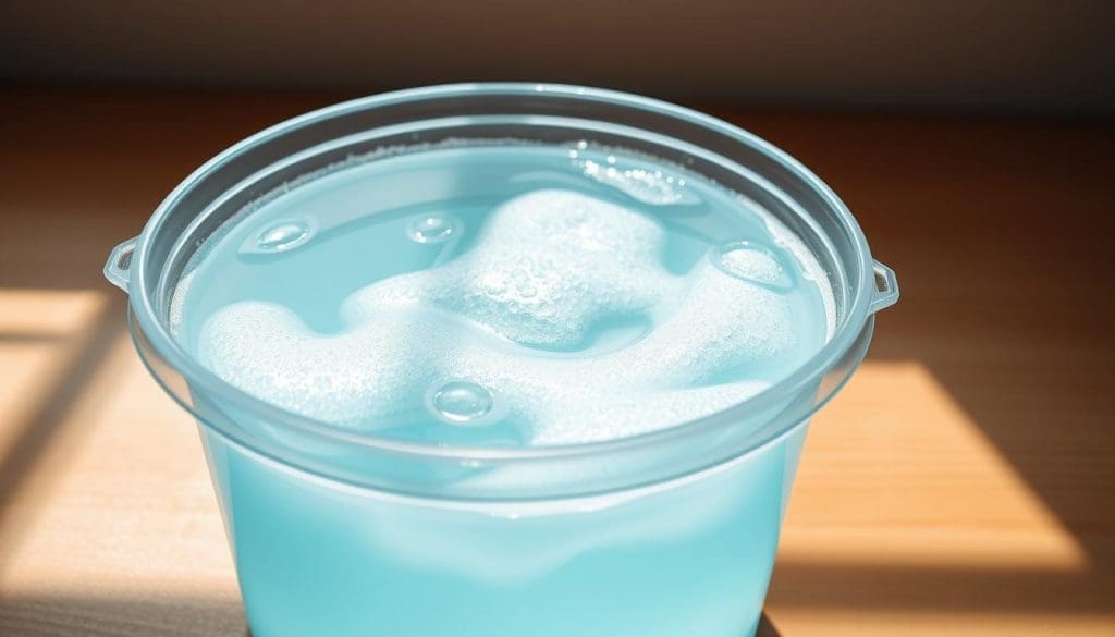 A transparent, aqua-blue liquid fills a translucent plastic bucket, casting a soft glow. Delicate, foaming suds billow from the mixture, their ephemeral forms floating gently on the surface. Sunlight streams through a window, illuminating the scene with a warm, diffused light that accentuates the intricate textures of the bubbles. The bucket rests on a smooth, wooden surface, its polished grain and natural tones complementing the clean, minimalist aesthetic. This car wash solution, carefully prepared, stands ready to gently cleanse and revitalize the vehicle, restoring its pristine appearance after a quality repair.