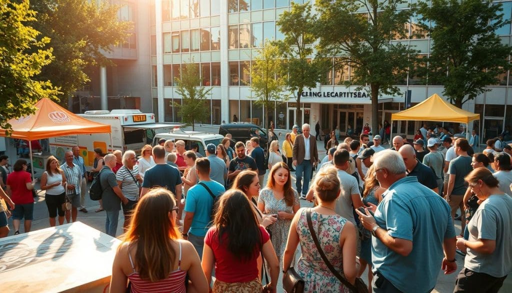 A vibrant community event unfolding in a bustling public square. In the foreground, a diverse group of people engaged in lively conversation, sharing ideas and collaborating on an interactive art project. The middle ground features a mix of vendors, food trucks, and lively musical performances, creating an atmosphere of energy and celebration. In the background, a modern civic building with large windows and an inviting entrance, symbolizing the partnership between the community and local institutions. Warm afternoon sunlight filters through, casting a golden glow over the scene and highlighting the sense of connection, cooperation, and civic pride.