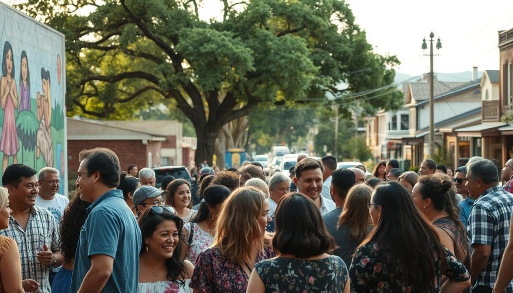 A vibrant community gathering in a lively San Antonio neighborhood. In the foreground, a diverse group of residents interacting and engaging with one another, their expressions warm and welcoming. In the middle ground, a mural adorns the side of a building, its colorful imagery reflecting the vibrant local culture. The background features a tree-lined street, with homes and small businesses creating a sense of neighborhood unity. Soft, natural lighting bathes the scene, conveying a feeling of togetherness and civic pride. An image that captures the essence of community engagement that strengthens San Antonio's residents and neighborhoods.