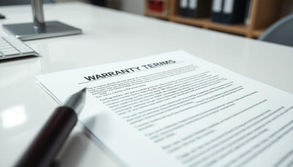 A well-lit, detailed close-up view of a set of warranty terms and conditions documents lying on a clean, flat surface. The documents are crisp, with clear, legible text and a formal, legal appearance. The background is slightly blurred, creating a sense of focus on the important details. Subtle hints of a professional office environment, such as a desk or shelves, can be seen in the periphery, suggesting the context of the warranty information. The overall mood is one of seriousness, precision, and the importance of understanding the warranty details. A well-lit, detailed close-up view of a set of warranty terms and conditions documents lying on a clean, flat surface. The documents are crisp, with clear, legible text and a formal, legal appearance. The background is slightly blurred, creating a sense of focus on the important details. Subtle hints of a professional office environment, such as a desk or shelves, can be seen in the periphery, suggesting the context of the warranty information. The overall mood is one of seriousness, precision, and the importance of understanding the warranty details.