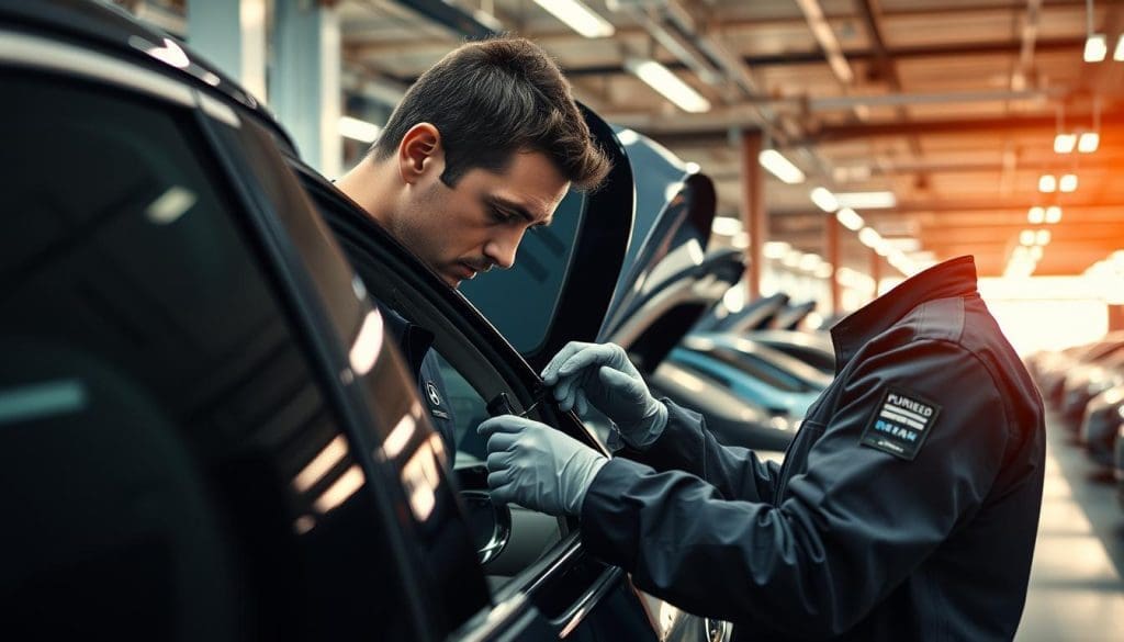 A well-lit, high-quality image showcasing an automotive repair shop interior. In the foreground, a technician in a uniform carefully inspecting a car's ADAS (Advanced Driver Assistance Systems) components, recalibrating sensors with precision tools. In the middle ground, a collection of OEM (Original Equipment Manufacturer) certified parts and equipment, emphasizing the importance of genuine replacement parts. The background features rows of cars awaiting repair, conveying the professionalism and expertise of the OEM-certified facility. The overall atmosphere is one of diligence, attention to detail, and a commitment to protecting the integrity of the vehicle's warranty. A well-lit, high-quality image showcasing an automotive repair shop interior. In the foreground, a technician in a uniform carefully inspecting a car's ADAS (Advanced Driver Assistance Systems) components, recalibrating sensors with precision tools. In the middle ground, a collection of OEM (Original Equipment Manufacturer) certified parts and equipment, emphasizing the importance of genuine replacement parts. The background features rows of cars awaiting repair, conveying the professionalism and expertise of the OEM-certified facility. The overall atmosphere is one of diligence, attention to detail, and a commitment to protecting the integrity of the vehicle's warranty.