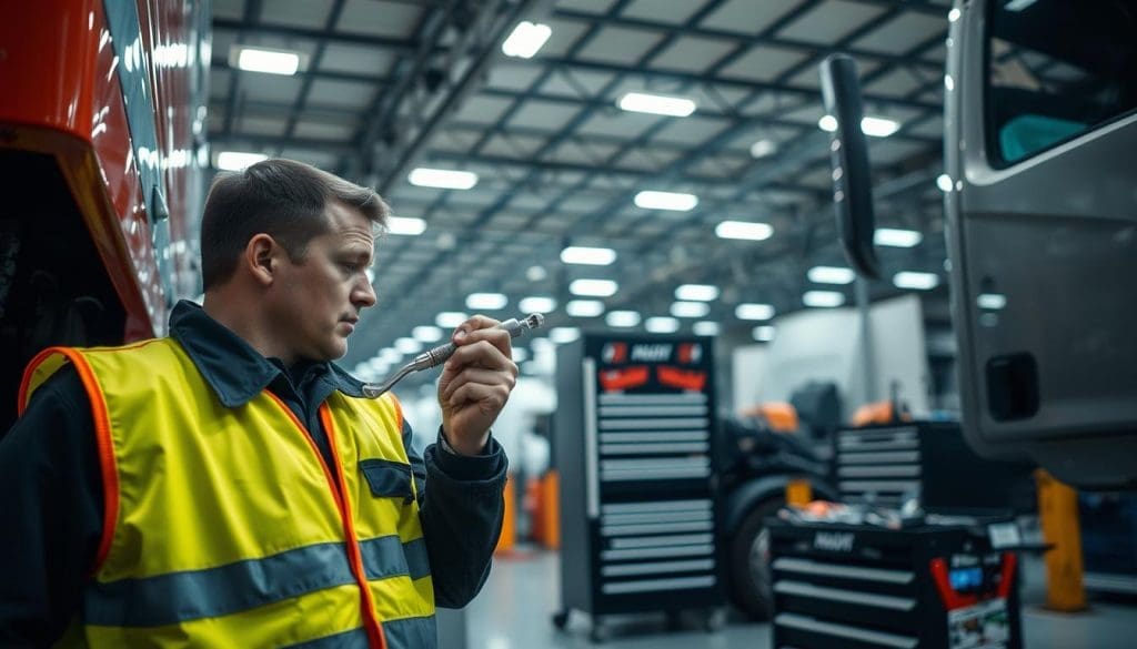 A well-lit industrial workshop, with a skilled technician performing routine maintenance on a commercial vehicle. The foreground shows the technician in a safety vest, using a torque wrench to inspect critical components. In the middle ground, a neatly organized tool cabinet and workbench, conveying a sense of order and attention to detail. The background features high ceilings, overhead lighting, and the faint outlines of other vehicles, suggesting a bustling, productive environment. The overall mood is one of professionalism, safety, and a commitment to keeping fleets in top operating condition.