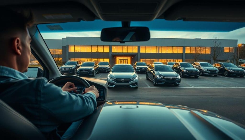 A well-lit, realistic scene of a driver training session in progress. In the foreground, an instructor sits beside a student driver as they navigate a suburban street, their hands on the steering wheel, eyes intently focused. The middle ground features a fleet of late-model sedans and SUVs, each with prominent company branding, arranged in an organized parking lot. In the background, a modern warehouse-style building with large windows and a welcoming entrance conveys the sense of a professional, well-equipped driver training facility. Warm, diffused lighting creates a calm, confident atmosphere, underscoring the importance of proper driver education and safe driving practices.