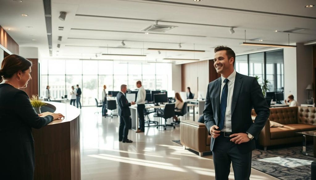 An expansive office interior with a prominent reception desk, plush leather furniture, and modern decor. In the foreground, a well-dressed insurance agent greets a customer, exuding professionalism and a warm, friendly demeanor. The middle ground features a team of adjusters collaborating at desks, coordinating claims and policy details. The background showcases an open, airy workspace with floor-to-ceiling windows, allowing natural light to flood the space. The overall atmosphere conveys a sense of efficiency, trust, and a seamless customer experience. Soft, diffused lighting creates a soothing, inviting ambiance.