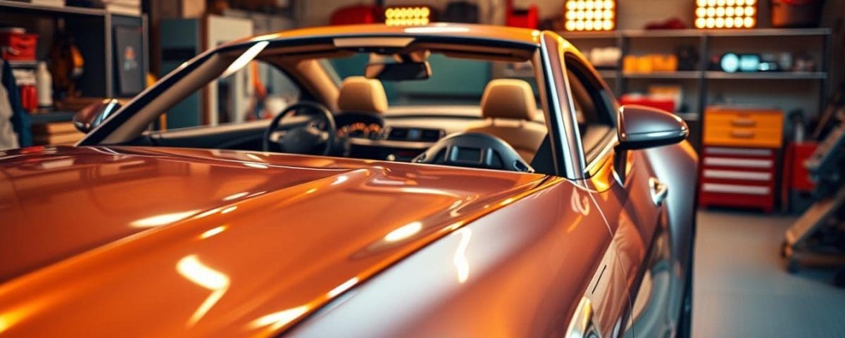 Before and after transformation of a vehicle showcasing the quality of collision repair services at Miracle Body and Paint, featuring an orange car in a well-lit garage setting.