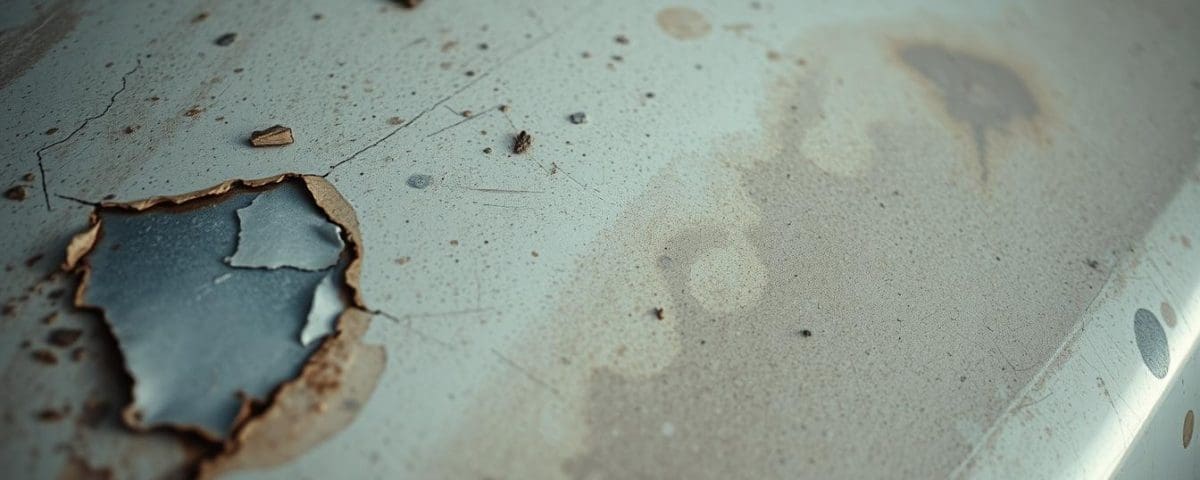 Close-up of faded car paint with peeling and cracking surface, highlighting wear and damage relevant to auto body repair and restoration services.