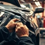 Technician performing detailed collision repair on a vehicle at Miracle Body and Paint Collision Center, showcasing advanced repair technology and craftsmanship.