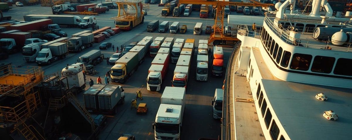Fleet of trucks and containers in a busy shipping yard, emphasizing vehicle organization and logistics for collision prevention and fleet safety management.