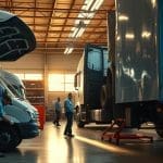 Fleet maintenance workshop with technicians working on vehicles, highlighting collision repair and auto body services.