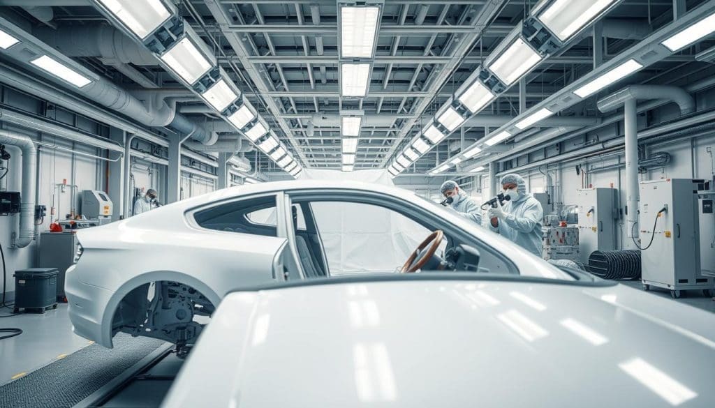 Auto body shop interior with technicians in protective gear assessing a white vehicle, demonstrating the OEM paint finish process and advanced color matching technology.
