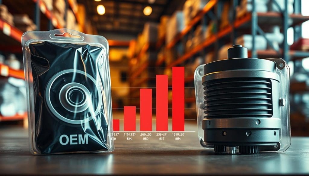 OEM vs aftermarket parts cost comparison OEM auto part packaging and aftermarket component with cost comparison graph, highlighting price differences relevant to auto body repairs.