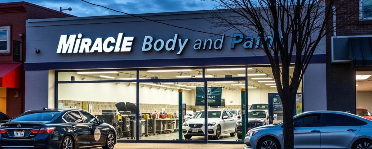 Miracle Body and Paint collision center exterior, showcasing auto body repair services in San Antonio, illuminated sign, parked vehicles, and workshop visibility.