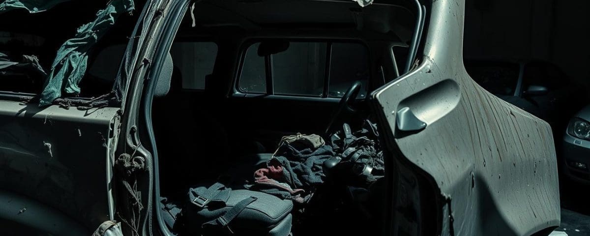 Damaged interior of a stolen and recovered vehicle, showcasing disheveled seats and clothing, highlighting the need for auto body repairs at Miracle Body and Paint Collision Center.