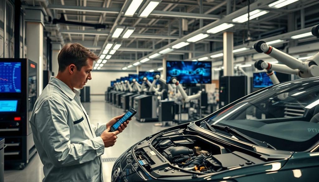 advanced technology in auto repair Technician using advanced diagnostic tools on a vehicle in a modern auto repair facility, showcasing state-of-the-art technology and equipment for precise vehicle repairs.