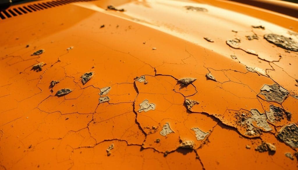 Car hood with orange paint showing significant fading, peeling, and cracks, illustrating the effects of UV damage and paint deterioration.