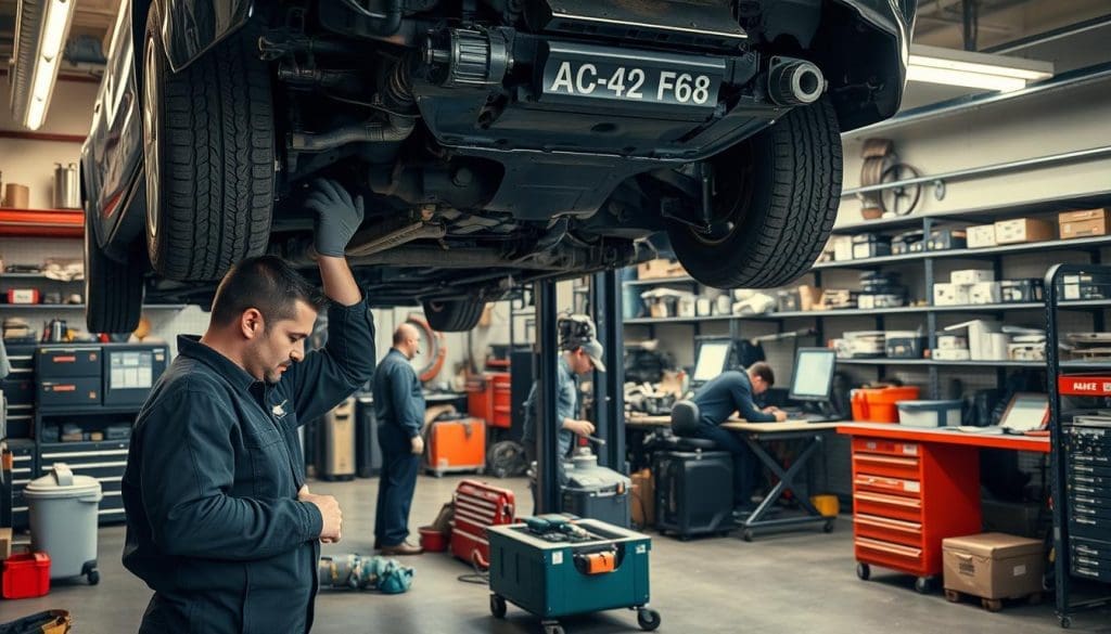 Mechanic inspecting the undercarriage of a vehicle in an auto repair shop, focusing on mechanical and electrical repairs, with tools and equipment visible in the background.