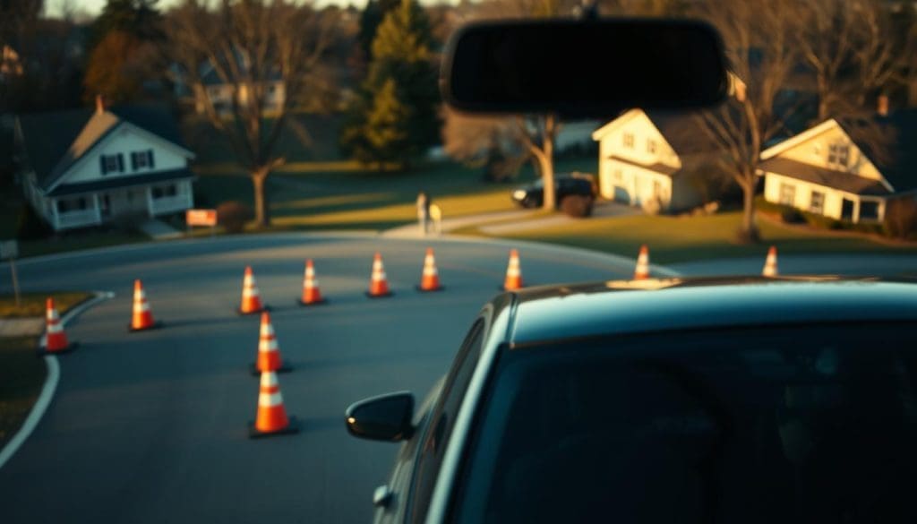 driver safety View from inside a vehicle approaching a traffic control area with orange cones, highlighting driver safety and hazard recognition in fleet operations.