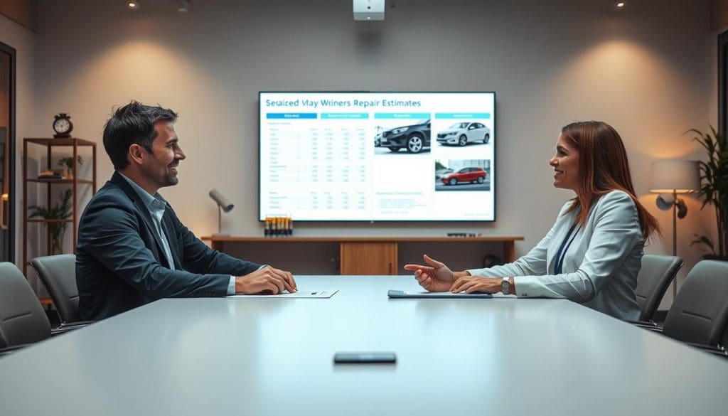 Business meeting discussing repair estimates, featuring a man and woman at a conference table, with a presentation screen displaying vehicle repair cost breakdowns and images.