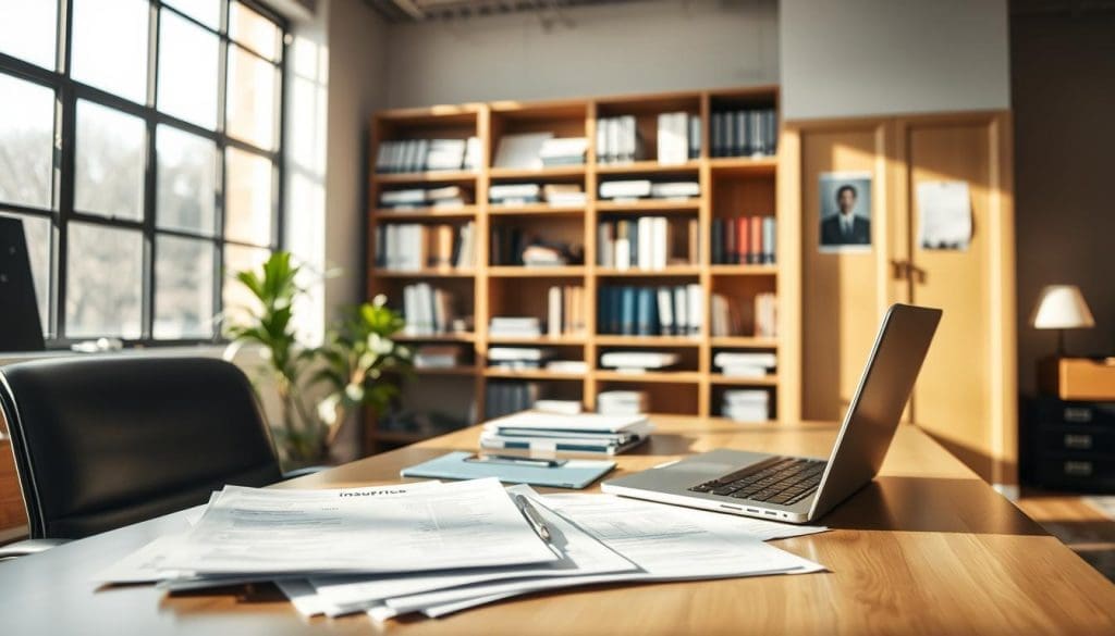 insurance requirements OEM aftermarket parts Office desk with laptop, insurance documents, and organized bookshelves, reflecting consumer rights and insurance discussions related to auto repairs.