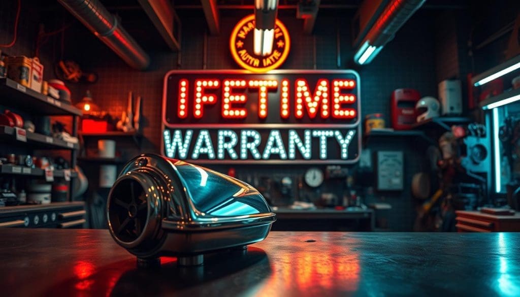lifetime warranty Lifetime warranty sign illuminated in a repair shop, featuring a shiny auto part in the foreground, emphasizing quality assurance and service commitment at Miracle Body and Paint Collision Center.
