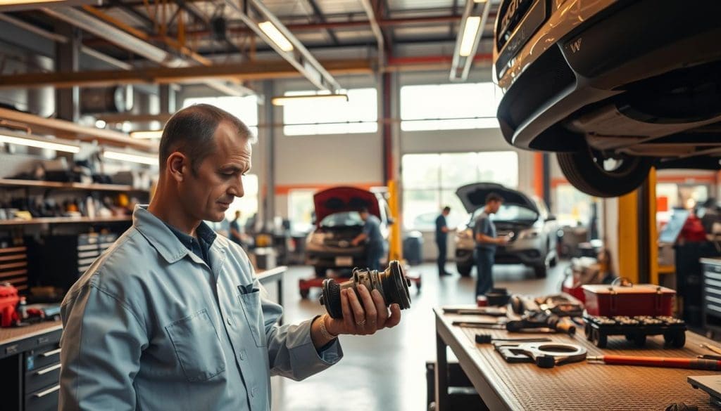 maintenance programs Mechanic inspecting vehicle part in a busy auto repair shop with multiple cars being serviced, emphasizing vehicle maintenance and safety.