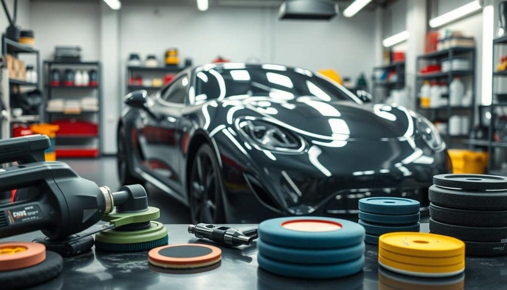 Machine polisher and various polishing pads in foreground, with a sleek black sports car in a well-equipped auto body shop, illustrating advanced paint correction techniques.